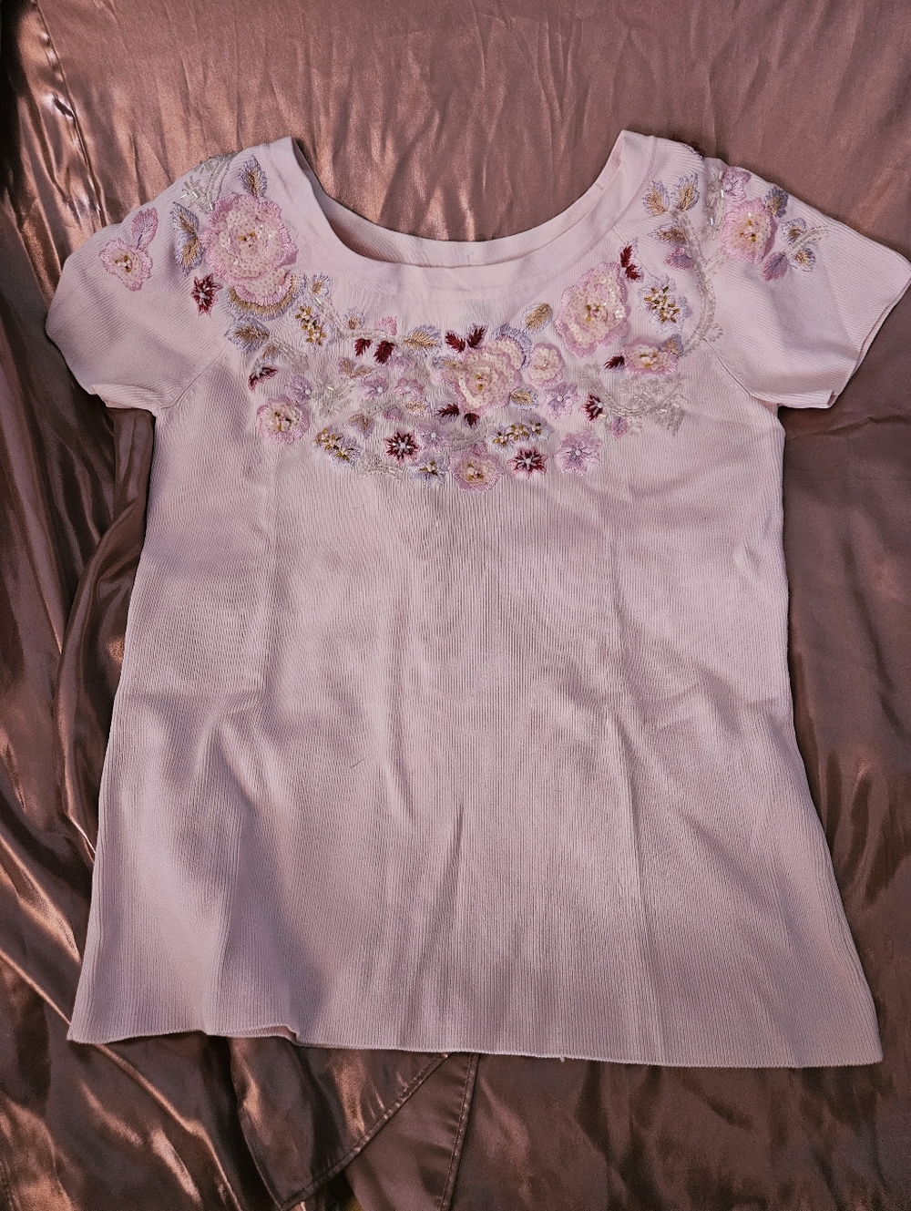 Embroidered Light Pink Floral Short-Sleeve Women's Top